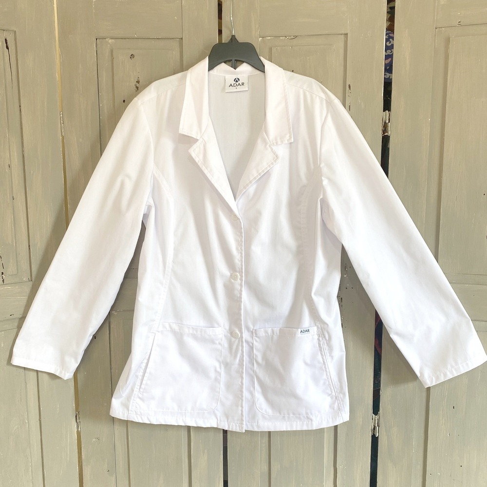 Adar Womens White Lab Coat Medical Scrub Jacket Size L Button Front‎ Long Sleeve